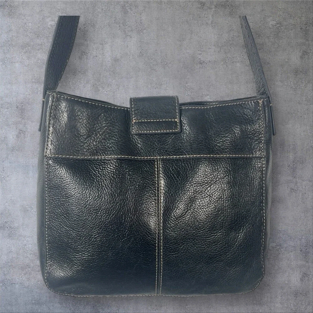 Vintage‎ Fossil Black Leather Hobo Shoulder Bag Purse Contrast Stitching